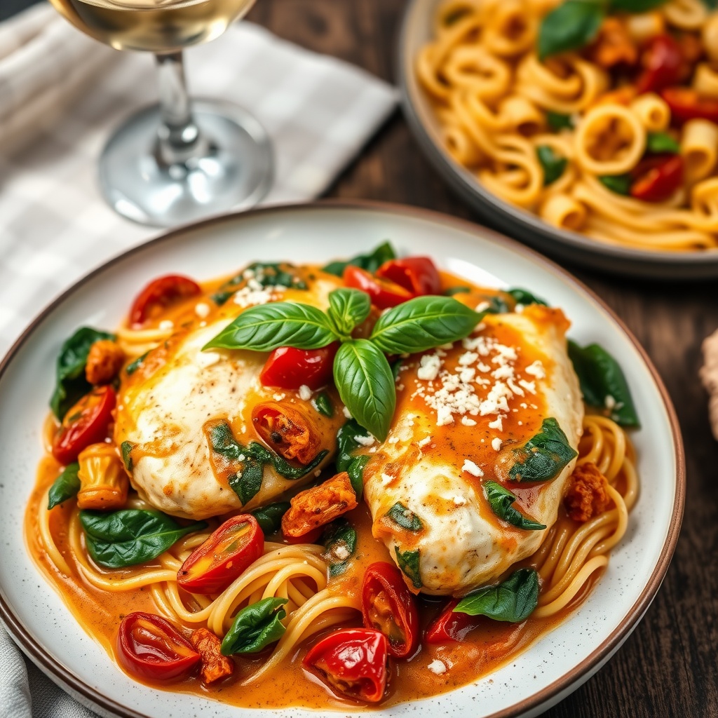 Creamy Tuscan chicken with sun-dried tomatoes and spinach on a rustic plate, garnished with Parmesan cheese and basil.